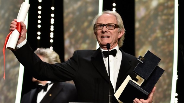 British director Ken Loach speaks on stage in Cannes after receiving the Palme d'Or for his movie <i>I, Daniel Blake.</i>