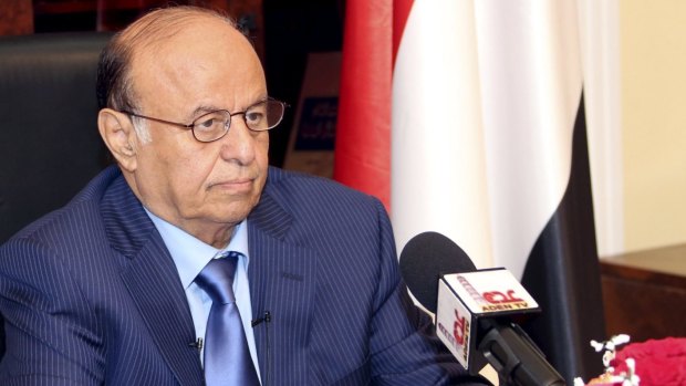 Yemen's President Abd-Rabbu Mansour Hadi delivers a speech in the southern city of Aden, calling for the Houthi militia to abandon its control of government ministries in Sanaa.