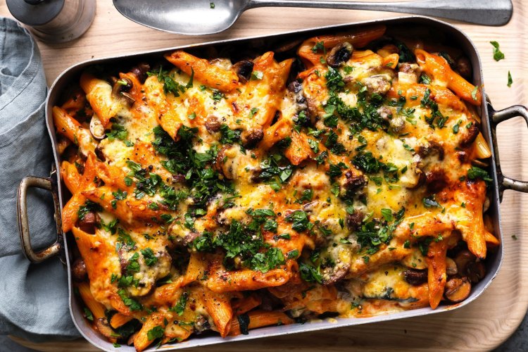 Adam Liaw's mushroom and spinach stroganoff pasta bake.