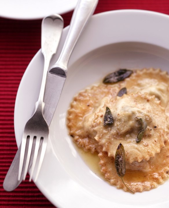 Ricotta and silverbeet ravioli with butter and sage sauce.