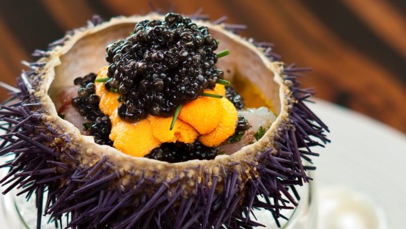 Waku Ghin's marinated shrimp with sea urchin and caviar.