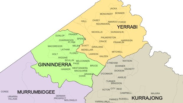 Map of the new ACT electorates Yerrabi and Ginninderra.