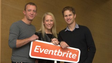 From left, Eventbrite co-founders Renaud Visage, Julia Hartz and Kevin Hartz, following customers to Australia.