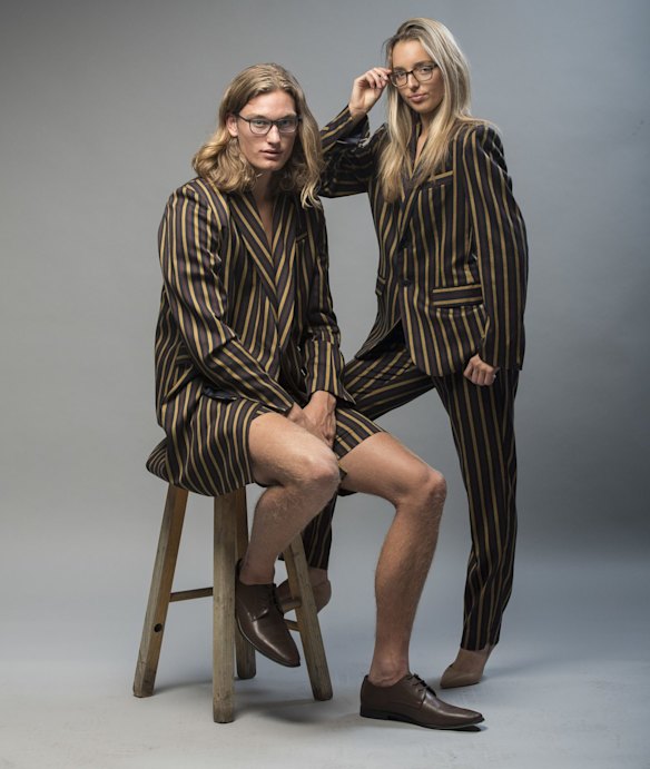 Shelby Green and Jack Moran model Chris Ran Lin outfits. 