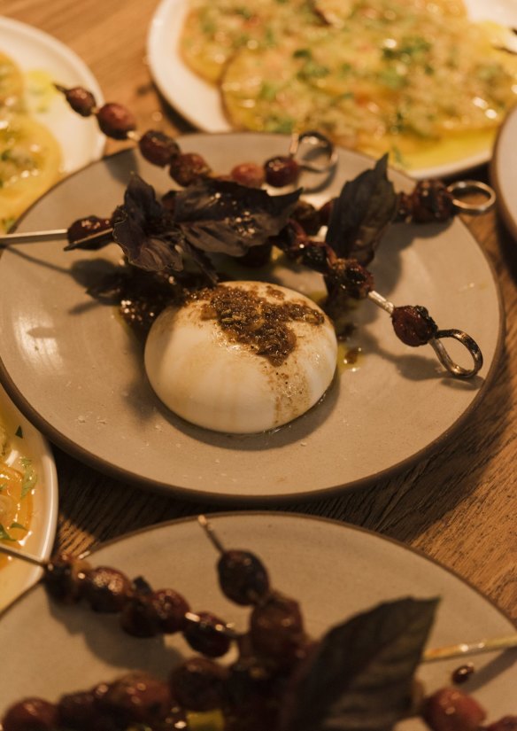 Ottolenghi's grape skewers and burrata served at Fred's.