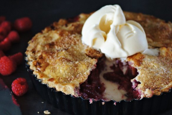 Rhubarb, raspberry and rosewater pie.