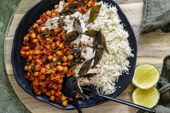 Crispy curry leaves and coriander seeds add zing to this curried chickpea stew.