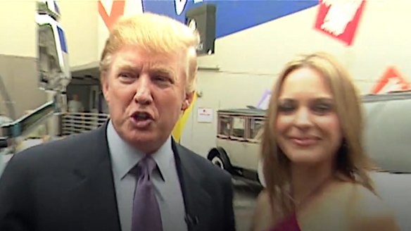 Donald Trump with actress Arianne Zucker outside the Access Hollywood bus where he was caught on tape bragging about groping women.