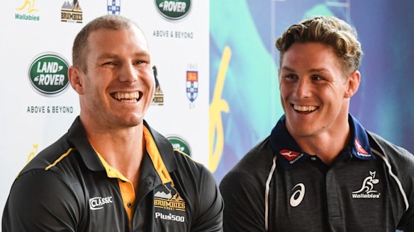 Old firm: Star Wallabies back-rowers David Pocock and Michael Hooper speak to the media at the launch of a new Wallabies sponsorship deal.