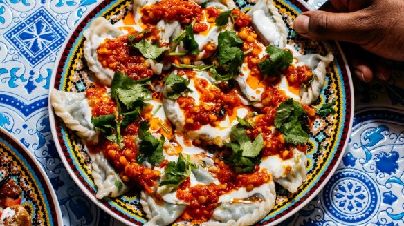 Go-to dish: Aushak dumplings, carefully pleated and topped with lentils warmed in a spiced tomato sauce.