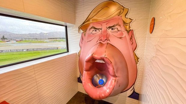 Donald Trump features in the bathroom.