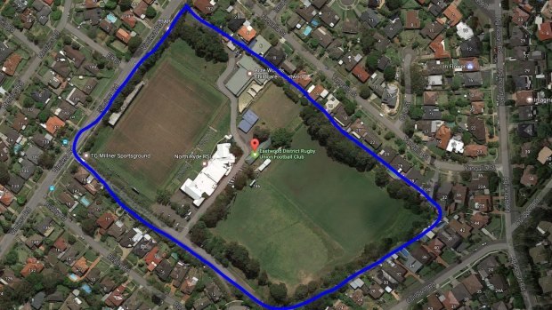 TG Millner Field: The blue line indicates the area of land owned by the Eastwood Rugby Club.