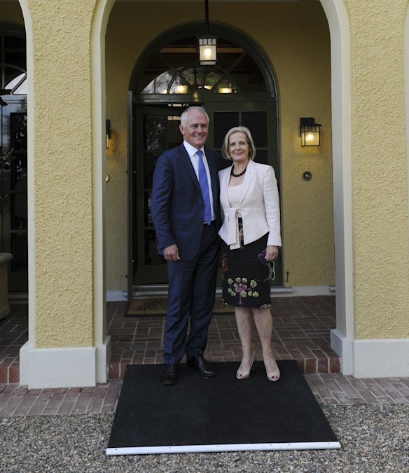 Settling in well: Prime Minister Malcolm Turnbull and his wife Lucy arrive at the Prime Minister's Lodge for their first night.