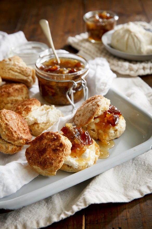 Saffron scones with labna and orange blossom marmalade.