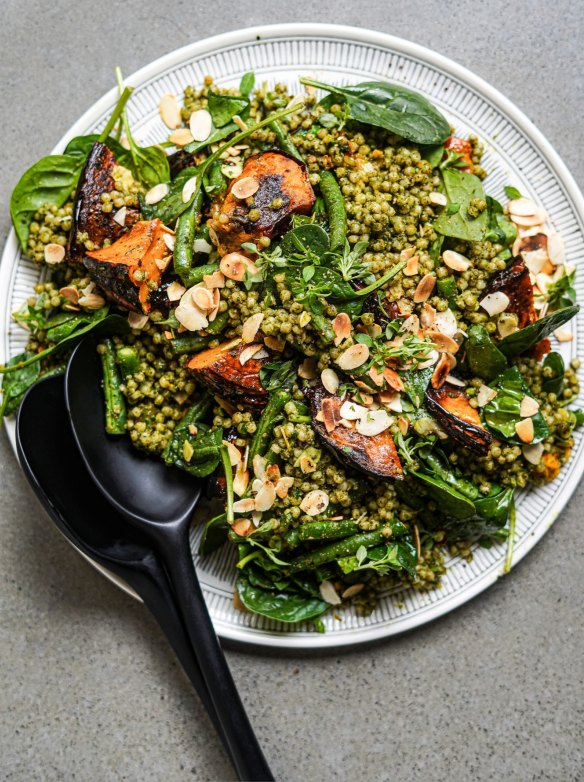 Pumpkin and pesto pearl cous cous salad.