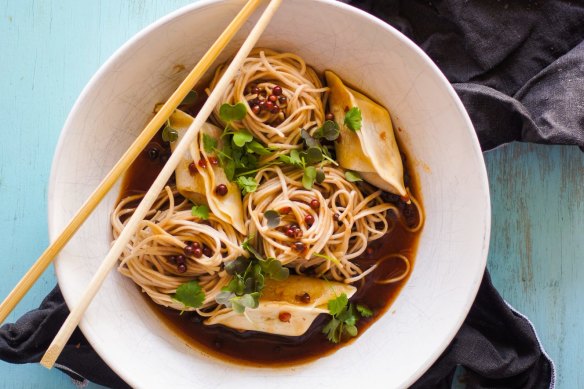 Cheat's noodle soup with dumplings and peppercorns.