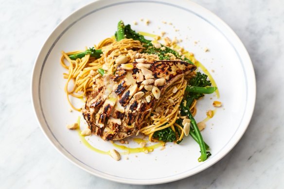 Jamie Oliver's chicken noodle stir-fry with broccolini and toasted peanuts.