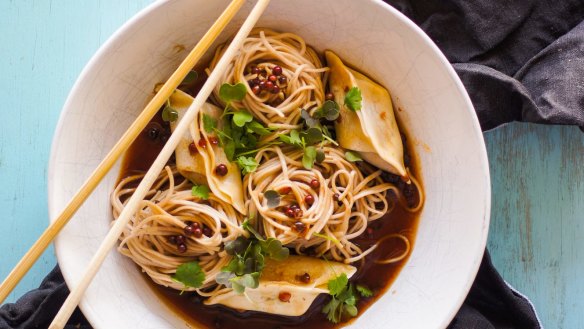 Dumpling noodle soup with pink peppercorns recipe.ÃÂ Dumpling dinnerÃÂ recipes for Good Food August 2018. Please credit Katrina Meynink.