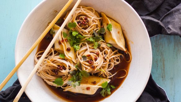 Cheat's noodle soup with dumplings and peppercorns.