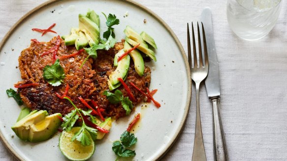 Savoury treat: Sweet potato rosti with avocado, coriander and chilli. 