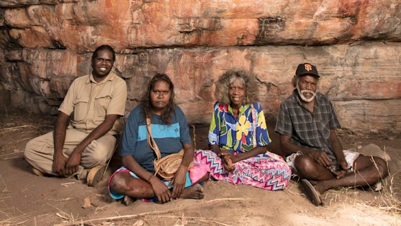 Traditional owners Simon Mudjandi, Rosie Mudjandi, May Nango and Mark Djanjomerr at the Kakadu rock shelter where Australian history has been re-written.
