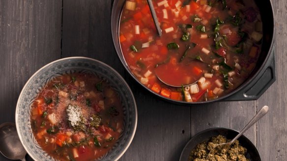 Jill Dupleix's minestrone soup with pesto (bottom right).