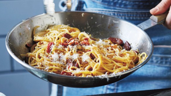 Pancetta, hazelnut and pecorino spaghetti. 