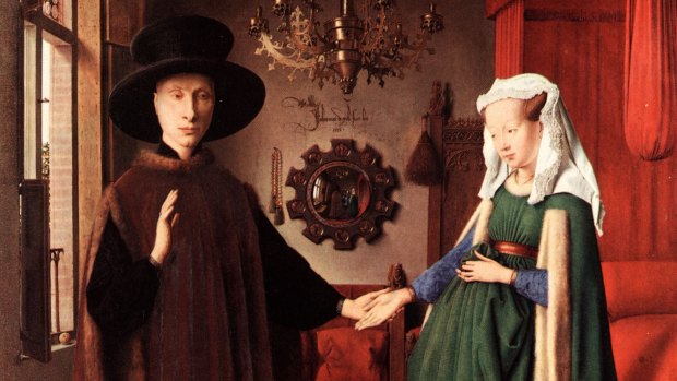 Van Eyck's painting <i>The Arnolfini Betrothal</i>: Hockney believes he used a mirror or lens to achieve the perfect surfaces.