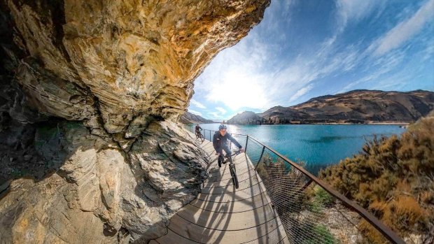 The Lake Dunstan Trail has a series of platforms attached to cliffs.