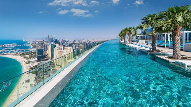 The world's tallest infinity rooftop pool at the Address Beach Resort in Dubai.