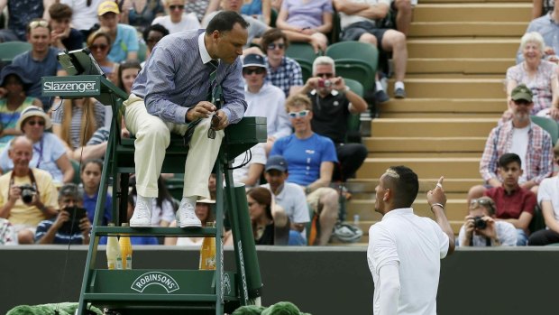 Nick Kyrgios argues with the umpire during his first-round match against Diego Schwartzman.
