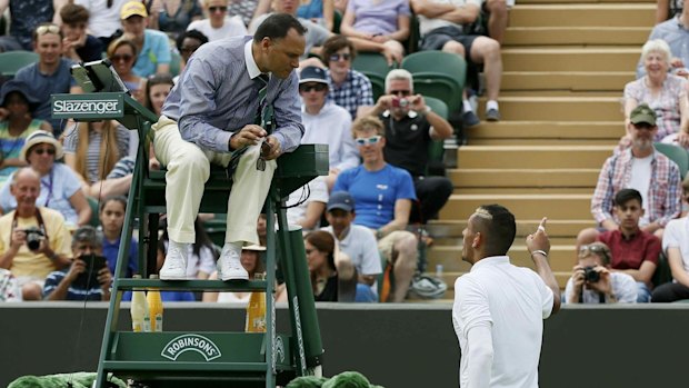 Nick Kyrgios argues with the umpire during his first-round match against Diego Schwartzman.