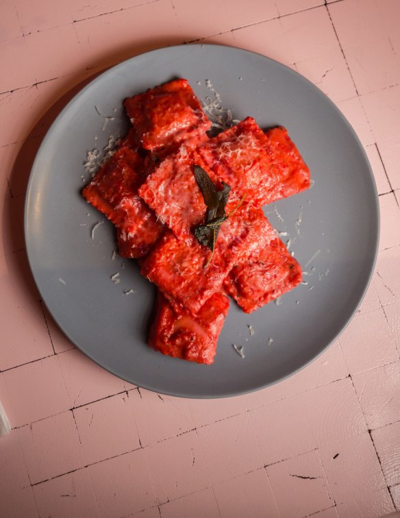 The Little Hippy pasta of pumpkin ravioli in a pink-stained burnt butter sauce. 