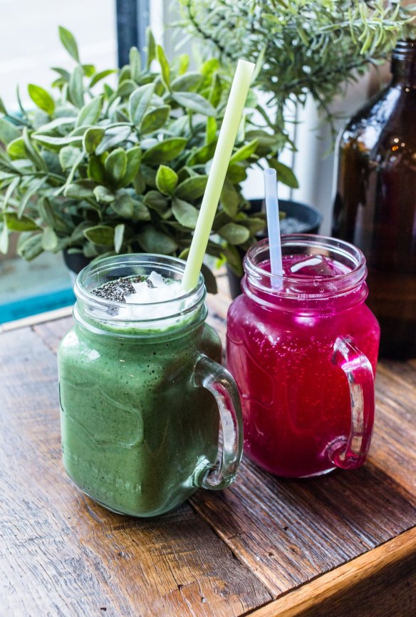 The green smoothie (left) and beetroot sparkling juice.