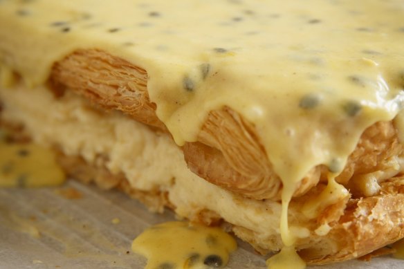 Vanilla custard slice with passionfruit icing