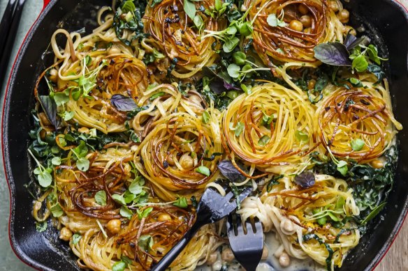 Crispy pasta nests with chickpeas and kale.