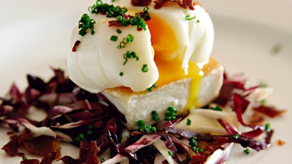 Fried tofu with poached egg and radicchio.