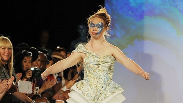 Madeline Stuart walks the runway at an earlier New York Fashion Week show.