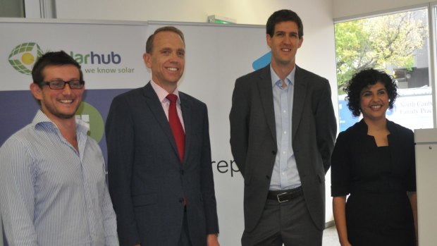 SolarHub's Benn Masters, ACT Environment Minister Simon Corbell, ITP Renewables' Simon Franklin and ActewAGL Retail's Ayesha Razzaq.