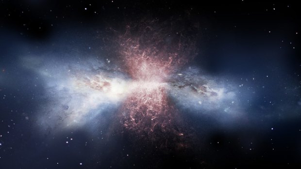 Artist's impression: Red gas pours out of a galaxy with a supermassive black hole at its core.