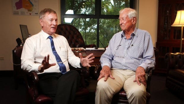 Billionaire owner of WIN Television Bruce Gordon, right, catches up at WIN's Wollongong HQ with his veteran news presenter Geoff Phillips. 