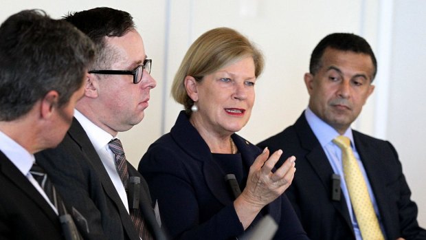 Alan Joyce (second from left) and Michael Ebeid (right) at the Australian Marriage Equality breakfast last year.