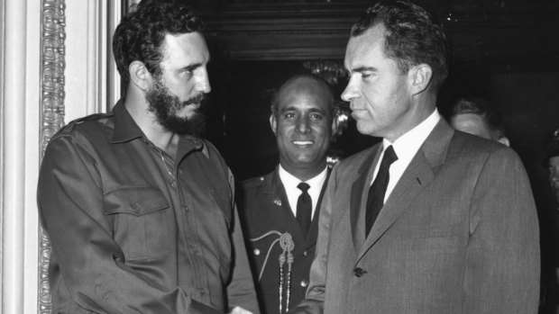 Fidel Castro shakes hands with then American vice-president Richard Nixon in Washington. 