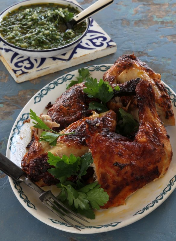BBQ chicken with chimichurri sauce. 