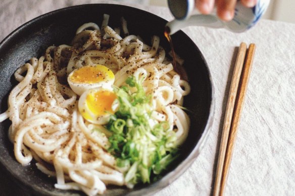 Hetty McKinnon's life-changing udon with soft-boiled egg, hot soy and black pepper.