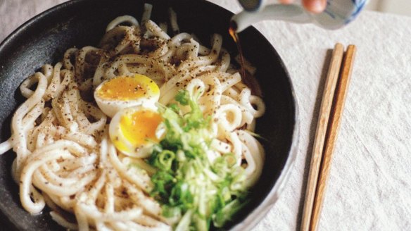 Hetty McKinnon's life-changing udon with soft-boiled egg, hot soy and black pepper.