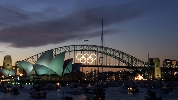 The Harbour Bridge sports the Olympic Rings during the 2000 Games in Sydney.