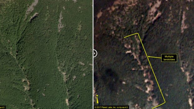 Planet Labs satellite images taken before, left, and after the latest nuclear test show signs of landslides, the researchers said. (Note: clouds appear in white) 