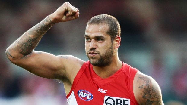 Back on form: Lance Franklin of the Swans celebrates a goal against GWS.