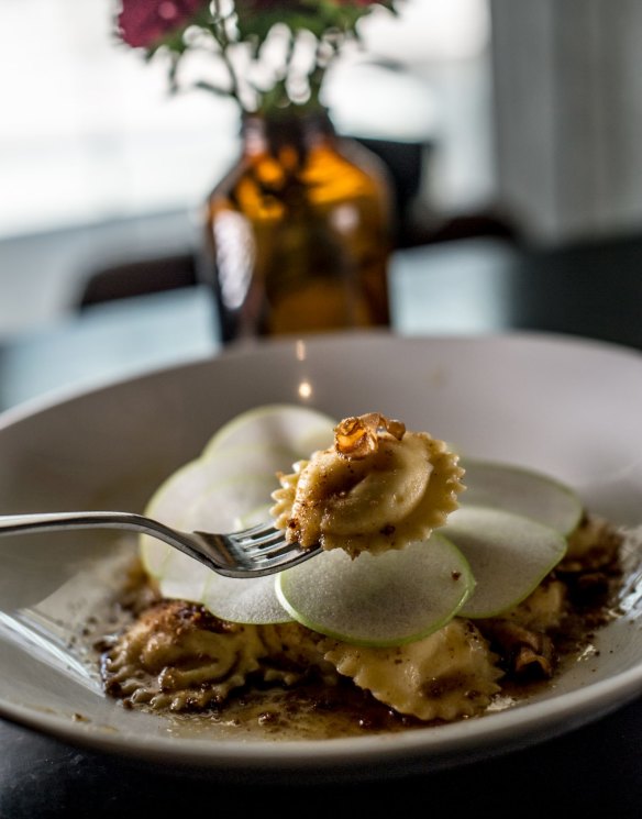 Parsnip ravioli with apple, brown butter and pain d'epices.